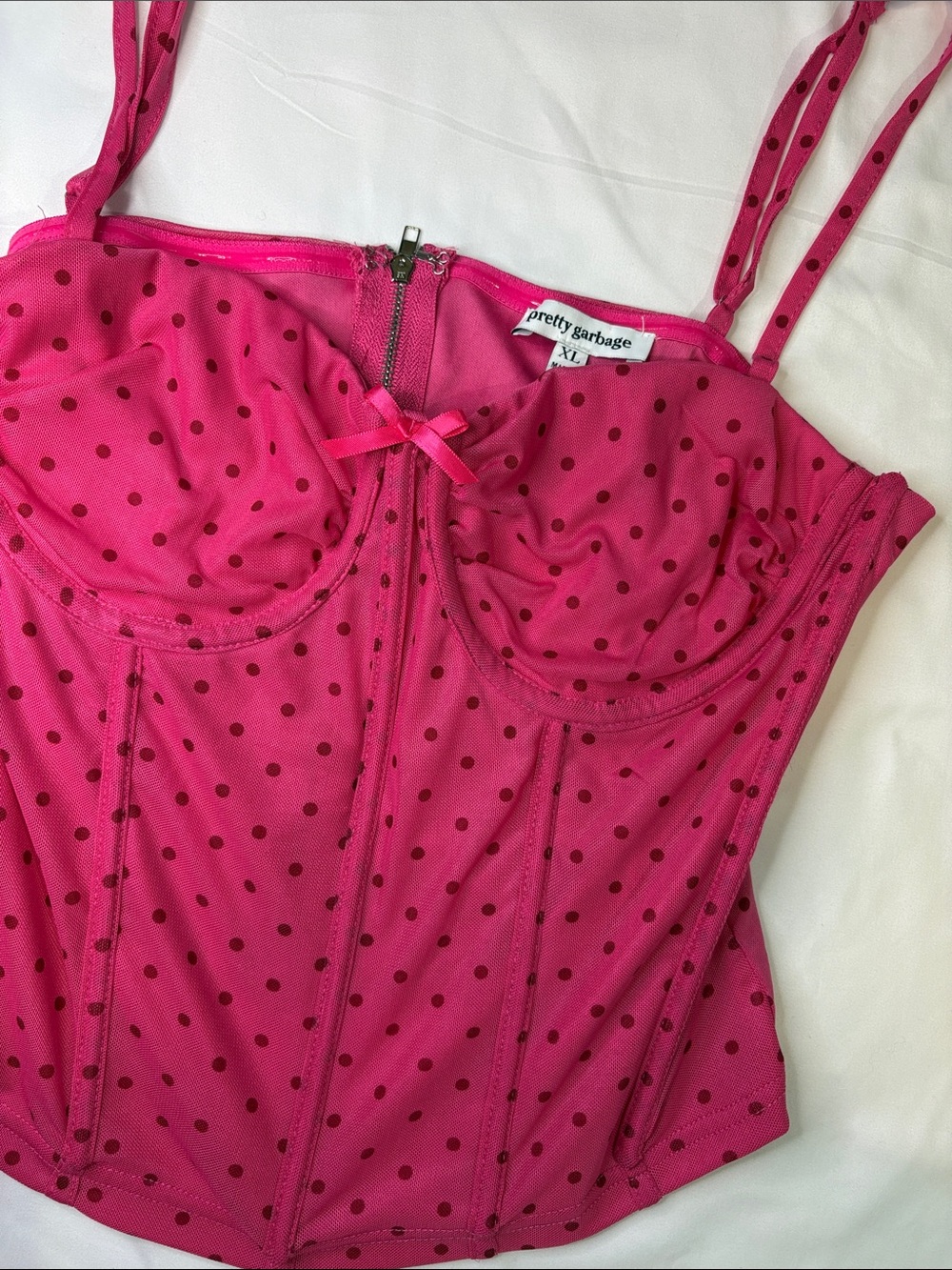 Pretty Garbage Hot Pink Mesh Polka Dot Corset Style Zip Crop Top Balconette Cup
